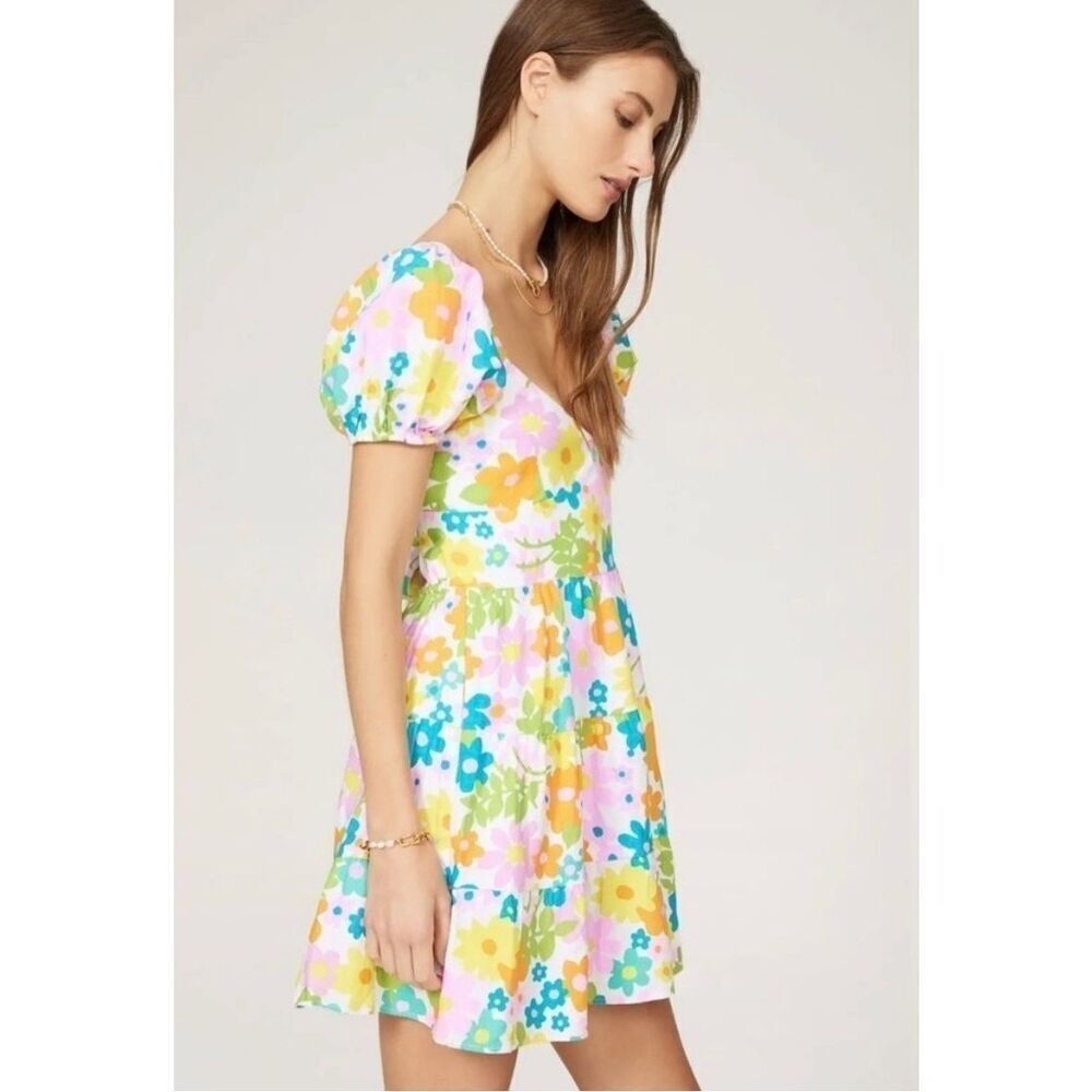 Show Me Your Mumu Cathy Linen Floral Mini Dress Size Small Short Sleeve Open Bac - Picture 3 of 12